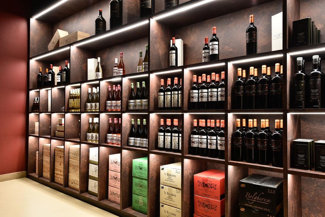 Wine shelves in a Bolgheri winery